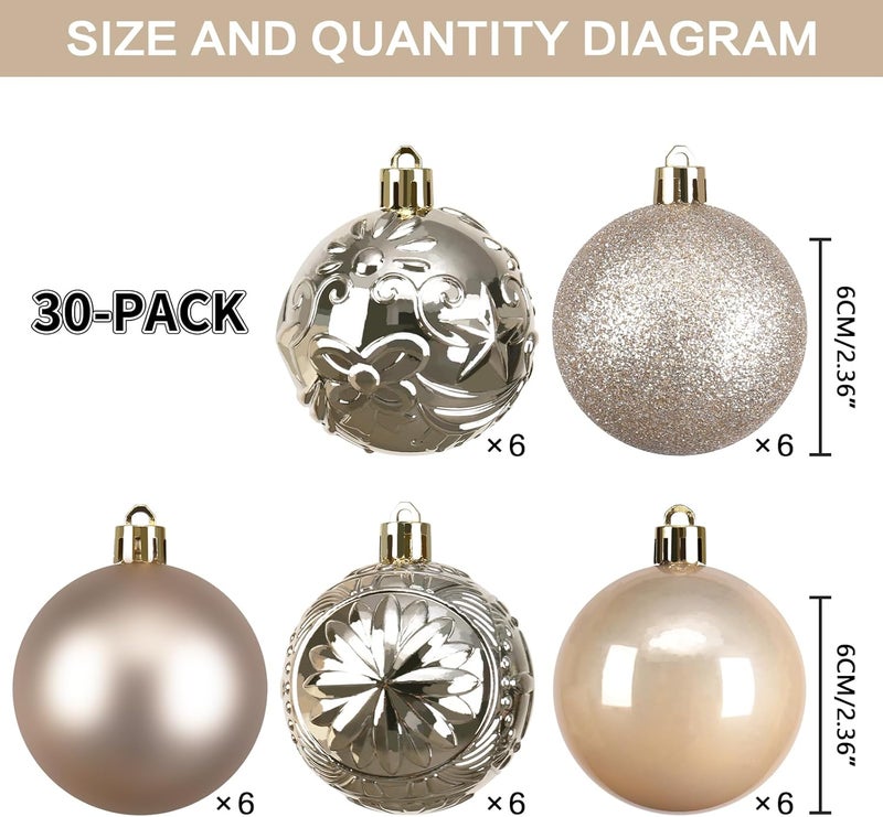 RoseCraft 30PCS Christmas Ball Ornaments, 2.36" Champagne Shatterproof Ornament Set for Christmas Tree Hanging Decorations, for Home Holiday Xmas Party Decor. - Image 2